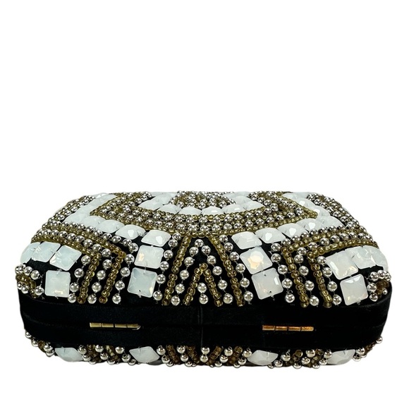 Santi India Beaded Evening Clutch Bag Hard Shell White & Gold on Black 7"W NWT - Picture 4 of 10